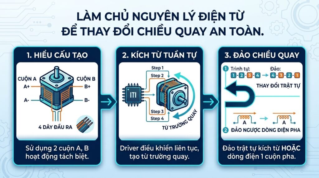 Làm chủ nguyên lý điện từ để thay đổi chiều quay an toàn.