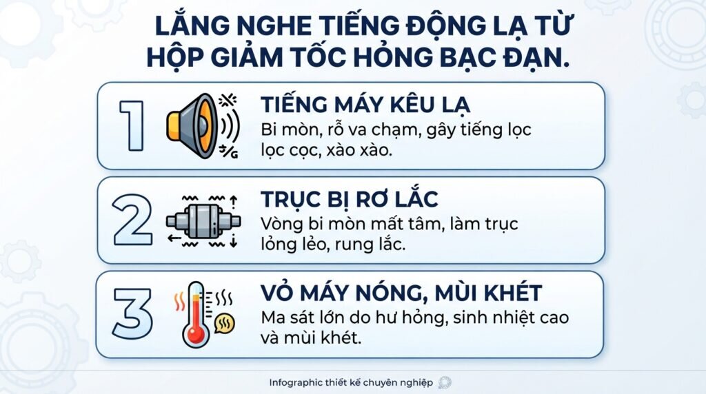 Lắng nghe tiếng động lạ từ hộp giảm tốc hỏng bạc đạn.