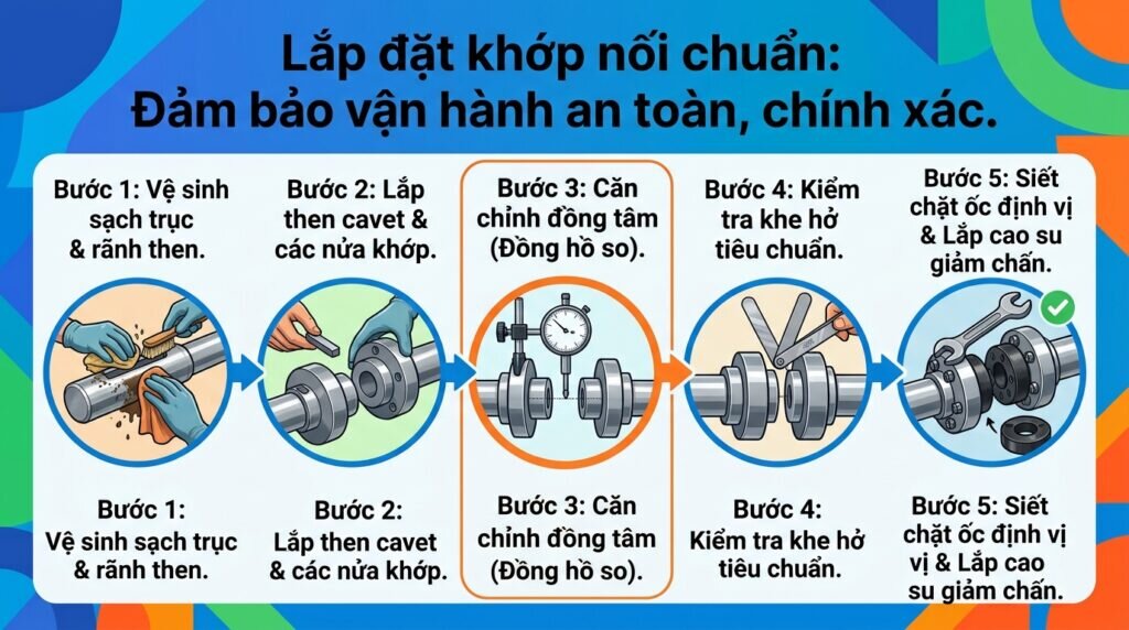 Lắp đặt khớp nối chuẩn: Đảm bảo vận hành an toàn, chính xác.