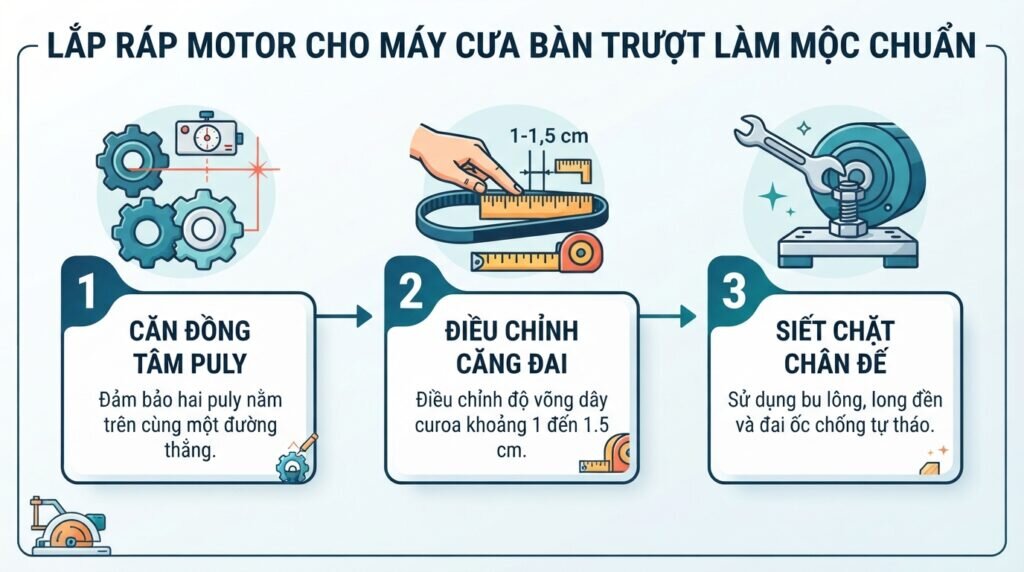 Lắp ráp motor cho máy cưa bàn trượt làm mộc chuẩn.
