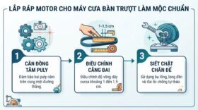 Lắp ráp motor cho máy cưa bàn trượt làm mộc chuẩn.