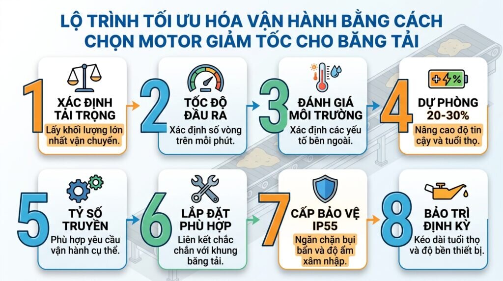 Lộ trình tối ưu hóa vận hành bằng cách chọn motor giảm tốc cho băng tải.