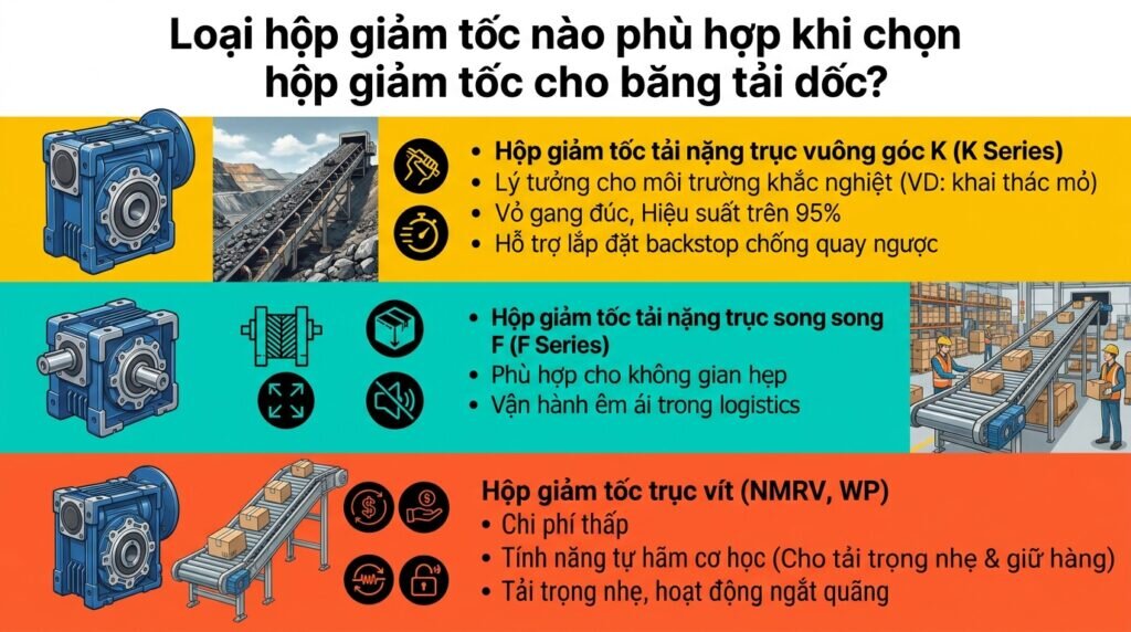 Loại hộp giảm tốc nào phù hợp khi chọn hộp giảm tốc cho băng tải dốc?