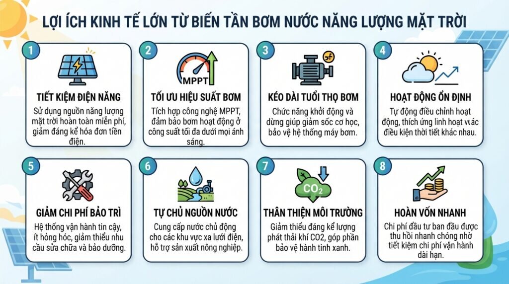 Lợi ích kinh tế lớn từ biến tần bơm nước năng lượng mặt trời.