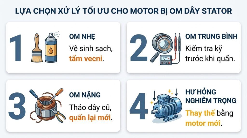 Lựa chọn xử lý tối ưu cho motor bị om dây stator.
