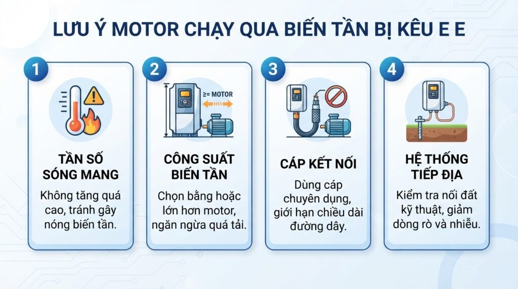 Lưu ý motor chạy qua biến tần bị kêu e e