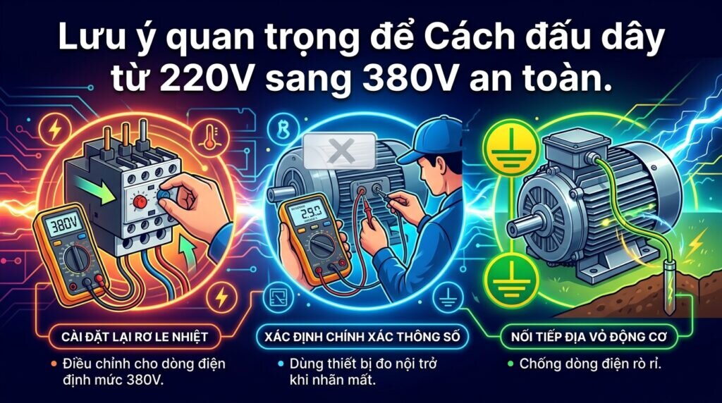 Lưu ý quan trọng để Cách đấu dây từ 220V sang 380V an toàn.