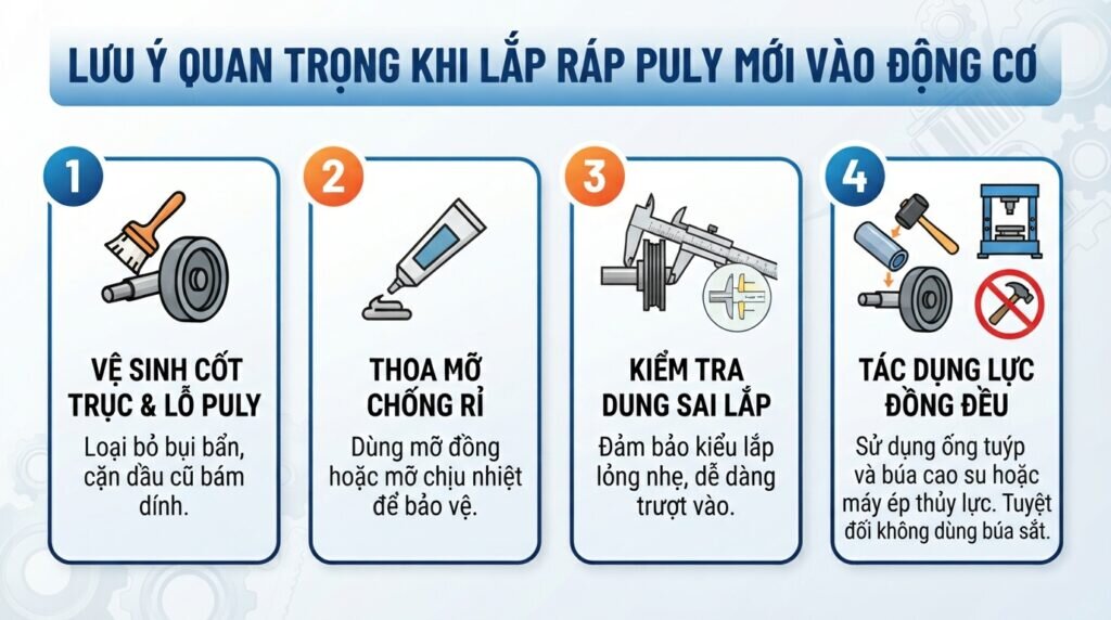 Lưu ý quan trọng khi lắp ráp puly mới vào động cơ.