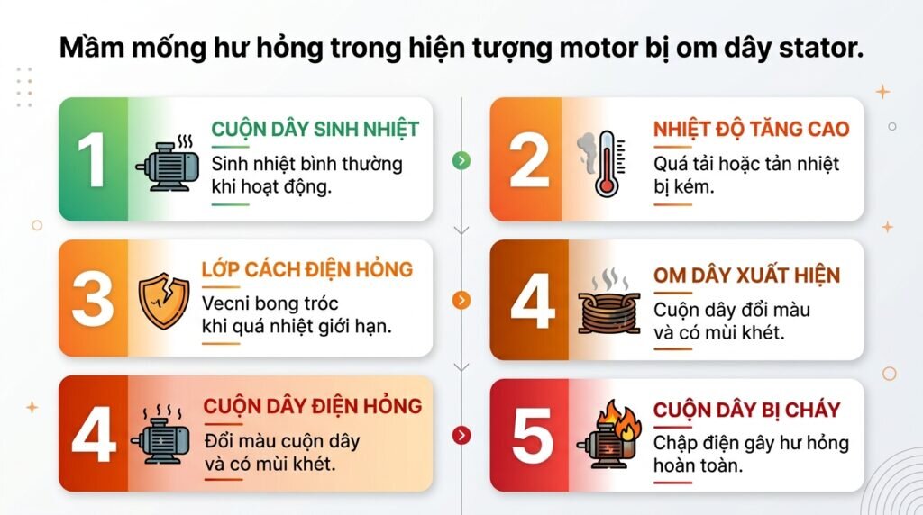 Mầm mống hư hỏng trong hiện tượng motor bị om dây stator.