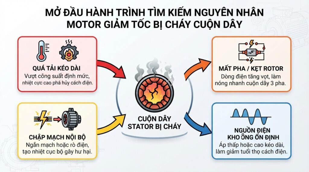 Mở đầu hành trình tìm kiếm nguyên nhân motor giảm tốc bị cháy cuộn dây.