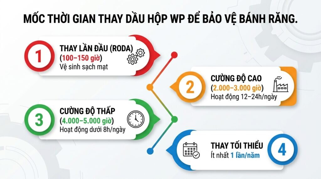 Mốc thời gian thay dầu hộp WP để bảo vệ bánh răng.