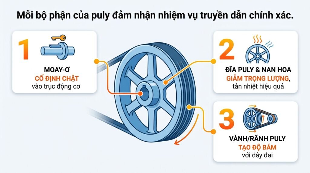 Mỗi bộ phận của puly đảm nhận nhiệm vụ truyền dẫn chính xác.