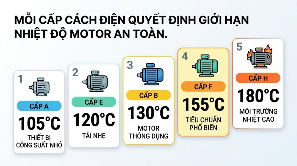 Mỗi cấp cách điện quyết định giới hạn nhiệt độ motor an toàn.