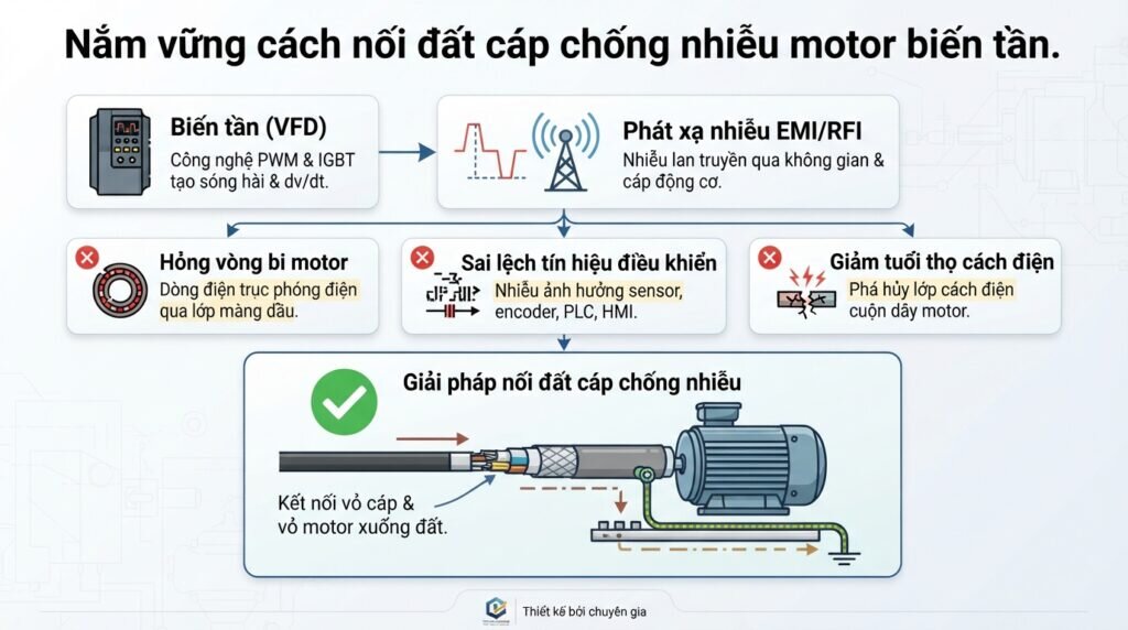 Nắm vững cách nối đất cáp chống nhiễu motor biến tần.