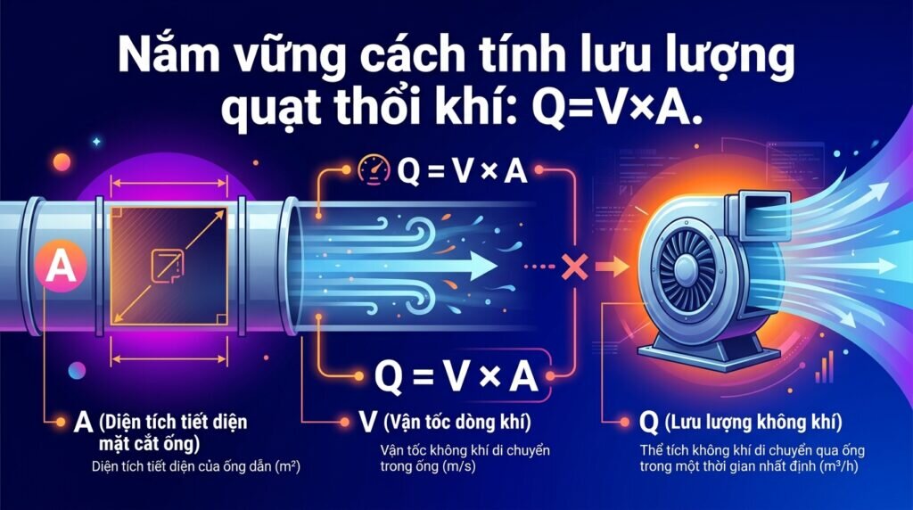 Nắm vững cách tính lưu lượng quạt thổi khí: Q=V×A.