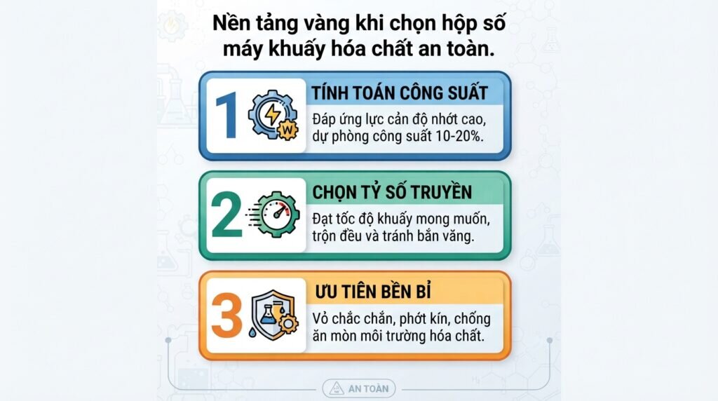 Nền tảng vàng khi chọn hộp số máy khuấy hóa chất an toàn.