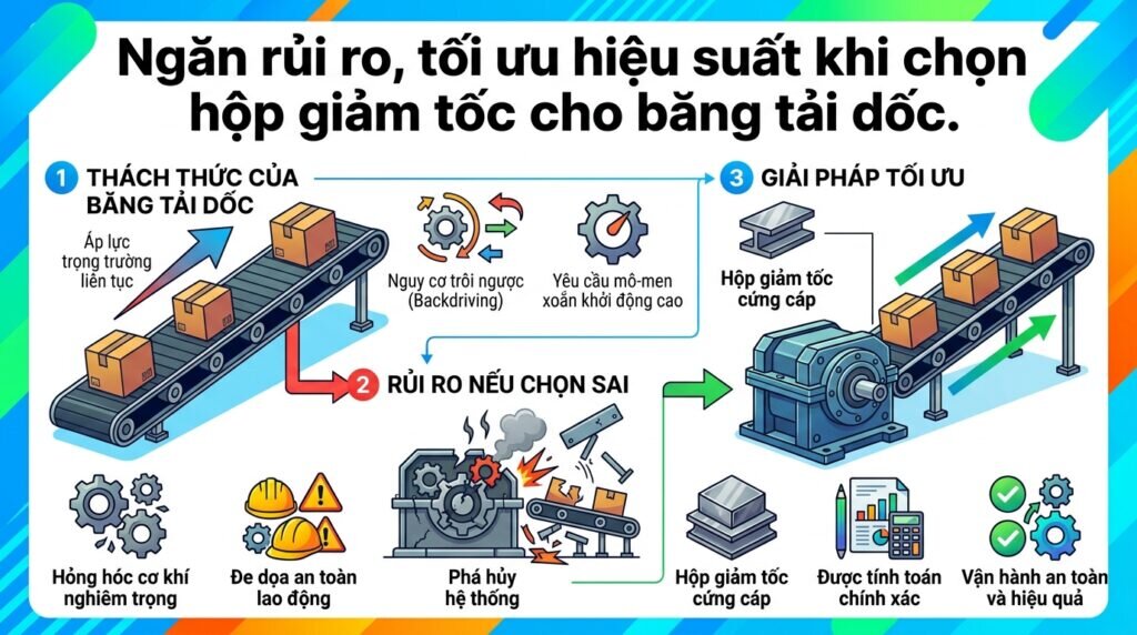 Ngăn rủi ro, tối ưu hiệu suất khi chọn hộp giảm tốc cho băng tải dốc.