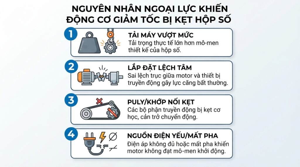 Ngoại lực khiến động cơ giảm tốc bị kẹt hộp số.