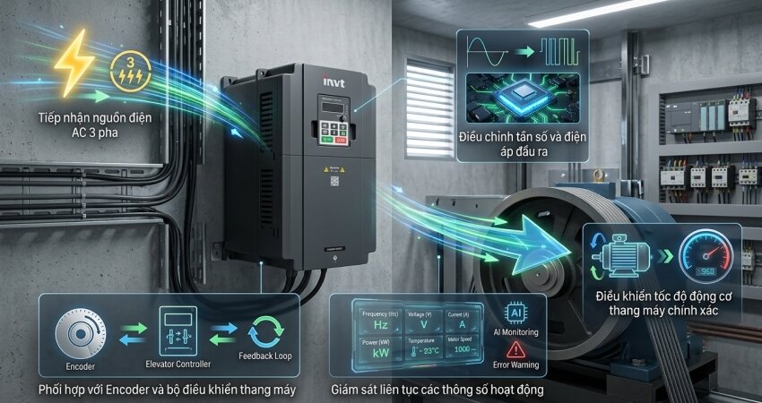 Biến tần thang máy hoạt động dựa vào nguyên lý thay đổi tần số và điện áp đầu ra