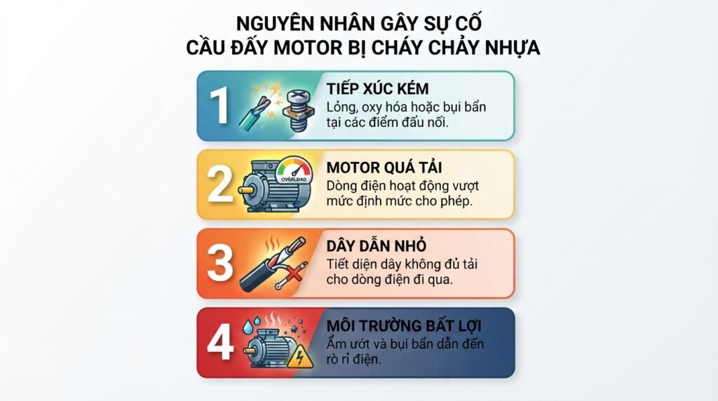 Nguyên nhân gây sự cố cầu đấu dây motor bị cháy chảy nhựa.