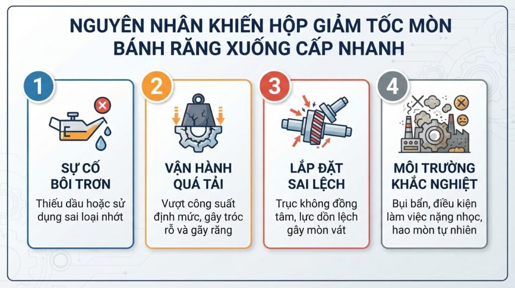 Nguyên nhân khiến hộp giảm tốc mòn bánh răng xuống cấp nhanh.