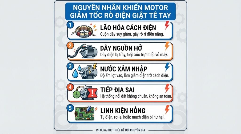 Nguyên nhân khiến Motor giảm tốc rò điện giật tê tay.