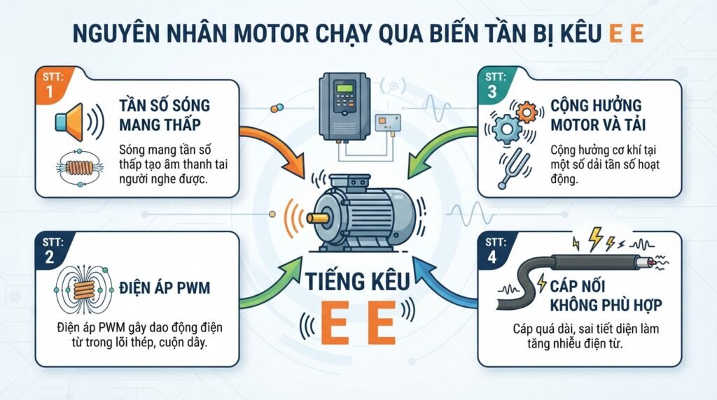 Nguyên nhân motor chạy qua biến tần bị kêu e e