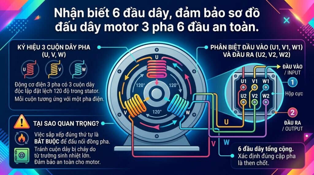 Nhận biết 6 đầu dây, đảm bảo sơ đồ đấu dây motor 3 pha 6 đầu an toàn.