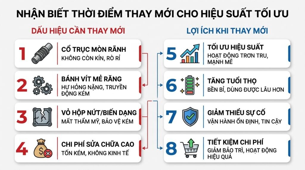 Nhận biết thời điểm thay mới cho hiệu suất tối ưu.