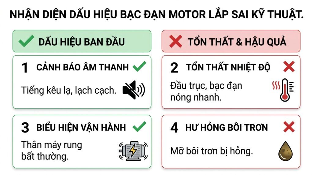 Nhận diện dấu hiệu bạc đạn motor lắp sai kỹ thuật.