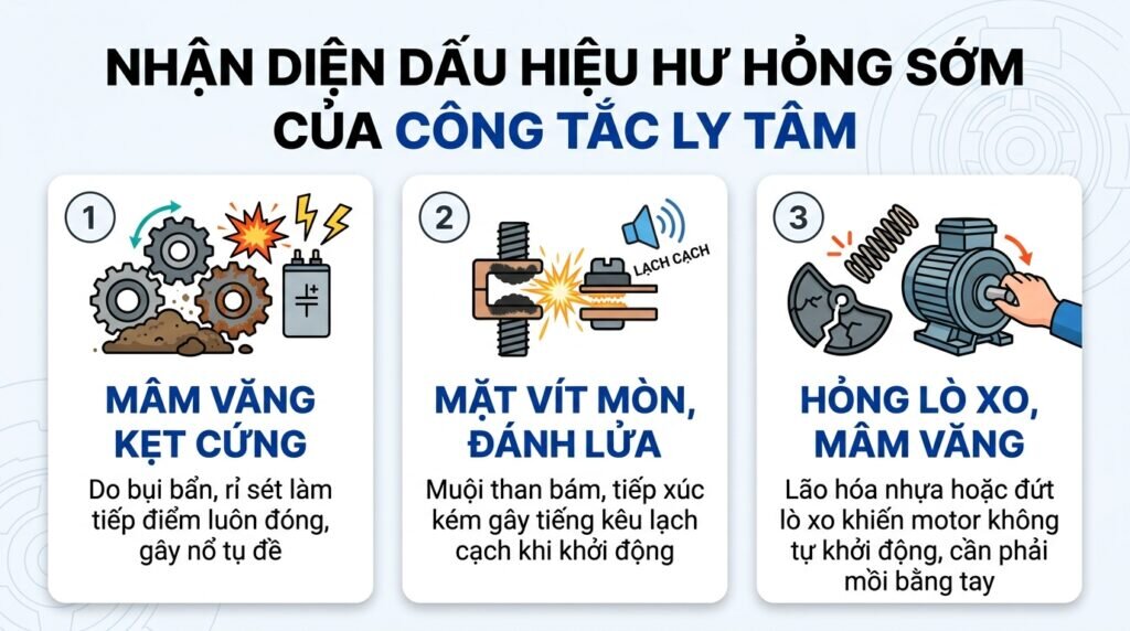Nhận diện dấu hiệu hư hỏng sớm của công tắc ly tâm.