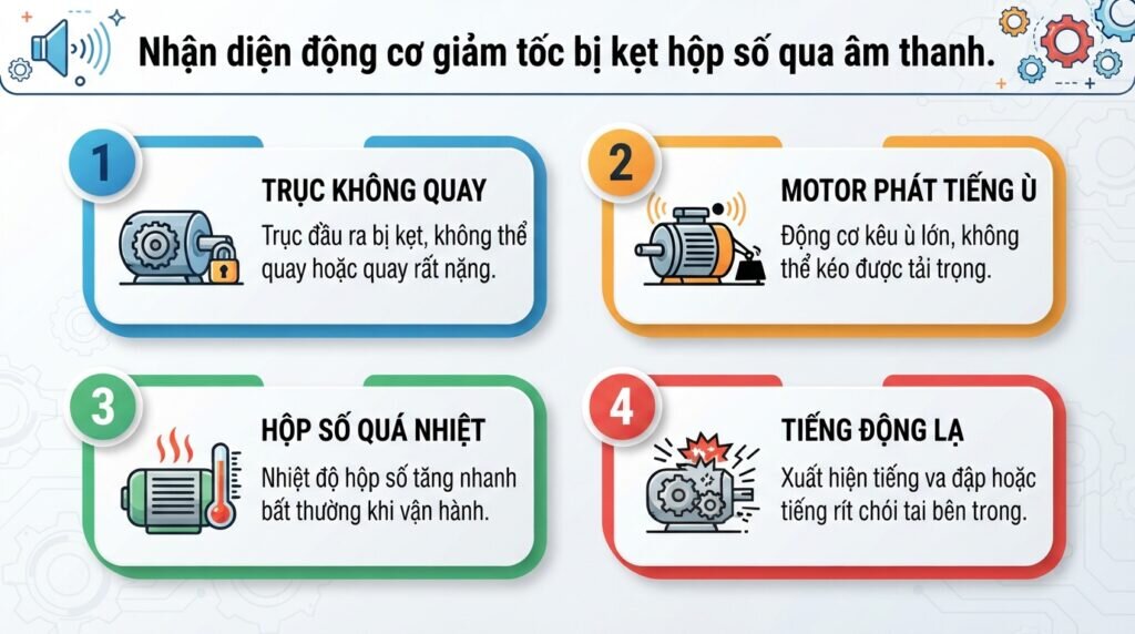 Nhận diện động cơ giảm tốc bị kẹt hộp số qua âm thanh.