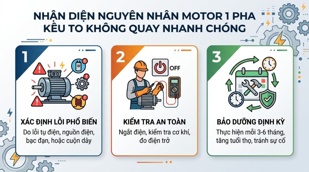 Nhận diện nguyên nhân motor 1 pha kêu to không quay nhanh chóng.