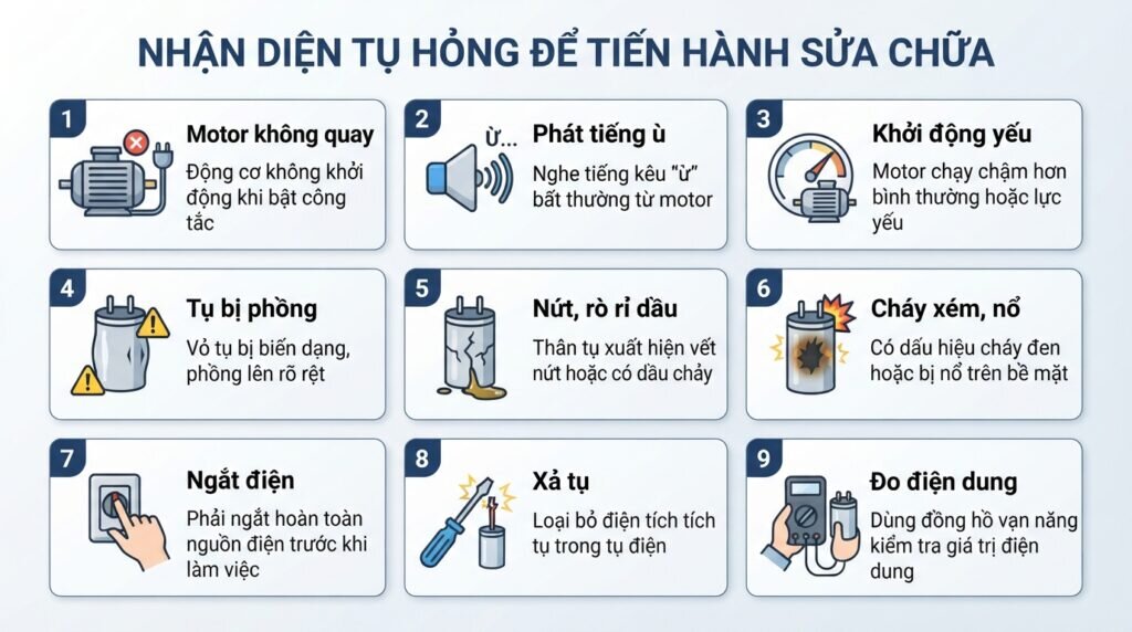 Nhận diện tụ hỏng để tiến hành sửa chữa.