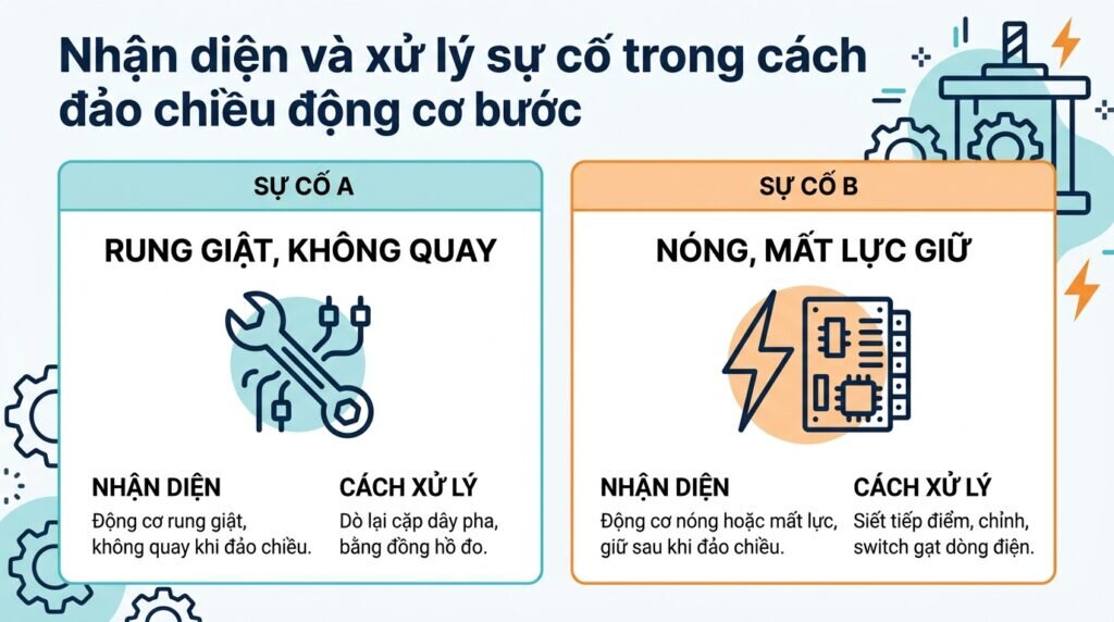 Nhận diện và xử lý sự cố trong cách đảo chiều động cơ bước.