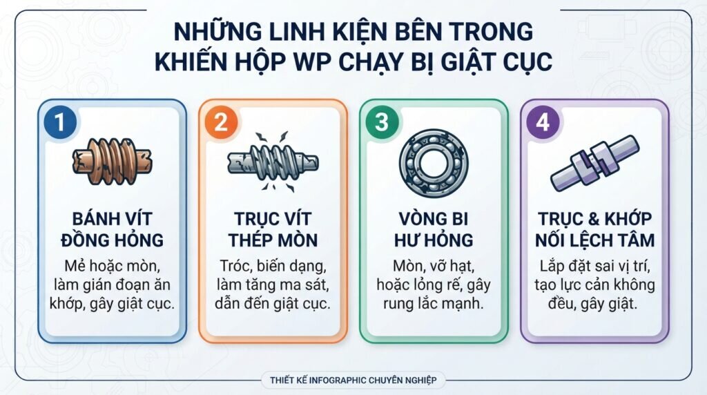 Những linh kiện bên trong khiến hộp WP chạy bị giật cục.