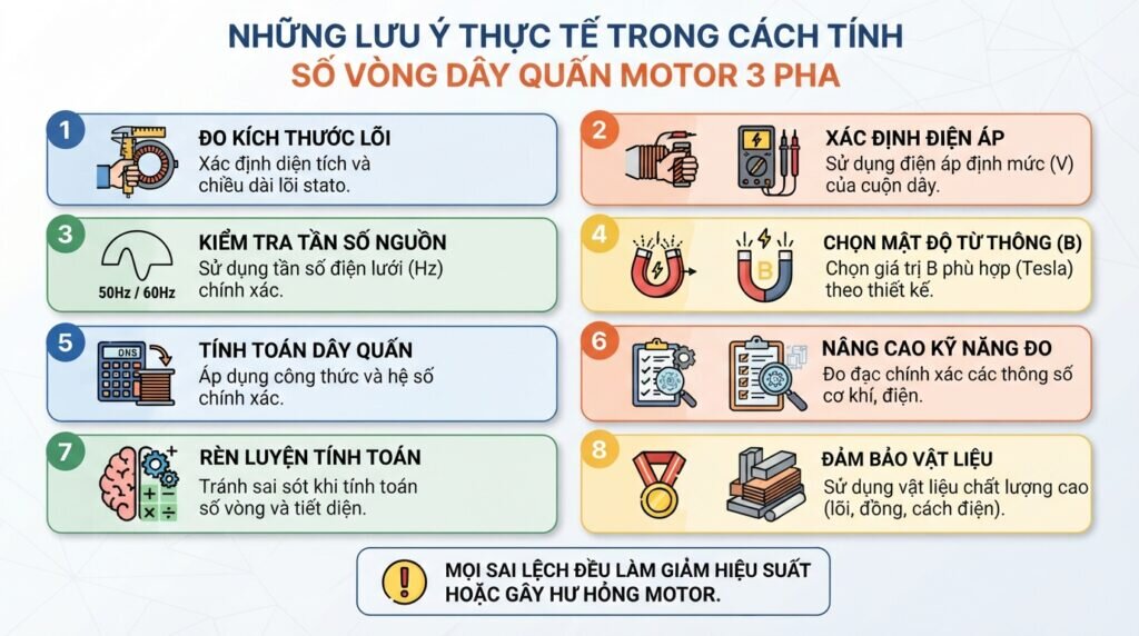Những lưu ý thực tế trong cách tính số vòng dây quấn motor 3 pha.