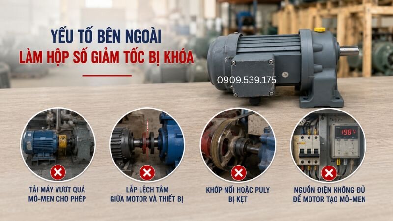 Quá tải lắp lệch tâm hoặc nguồn điện yếu đều có thể khiến hộp số bị kẹt