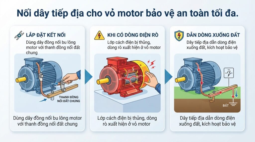Nối dây tiếp địa cho vỏ motor bảo vệ an toàn tối đa.