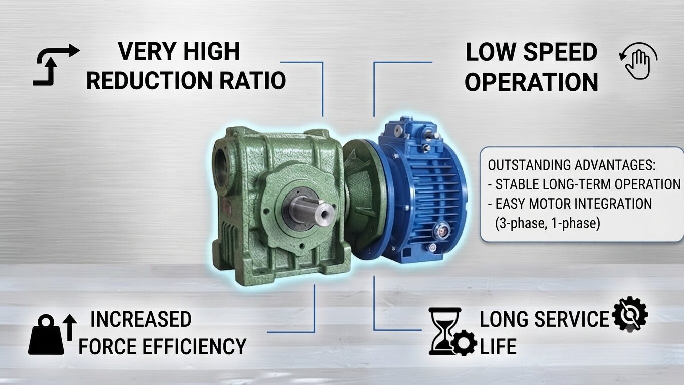 Key advantages of 2-stage worm gearbox.