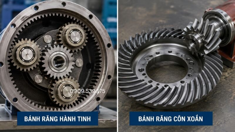 So sánh cấu tạo giúp nhận biết rõ sự khác nhau giữa bánh răng hành tinh và bánh răng côn xoắn.