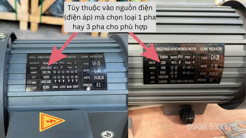 Phân biệt ứng dụng motor giảm tốc 1 pha và 3 pha