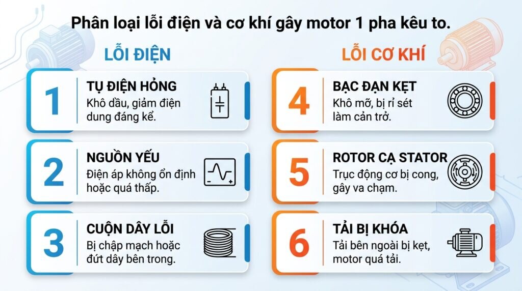 Phân loại lỗi điện và cơ khí gây motor 1 pha kêu to.