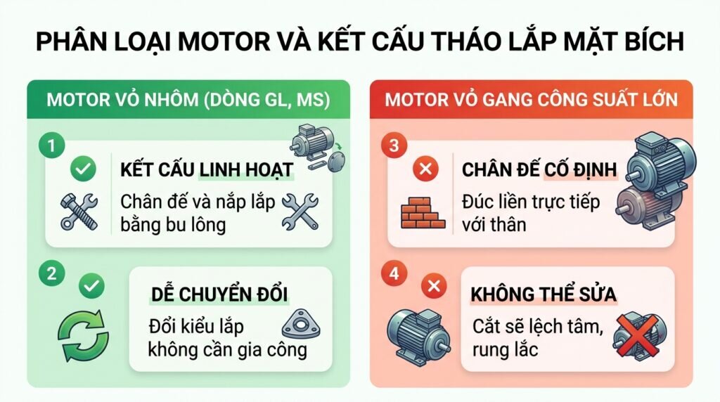 Phân loại motor và kết cấu tháo lắp mặt bích.