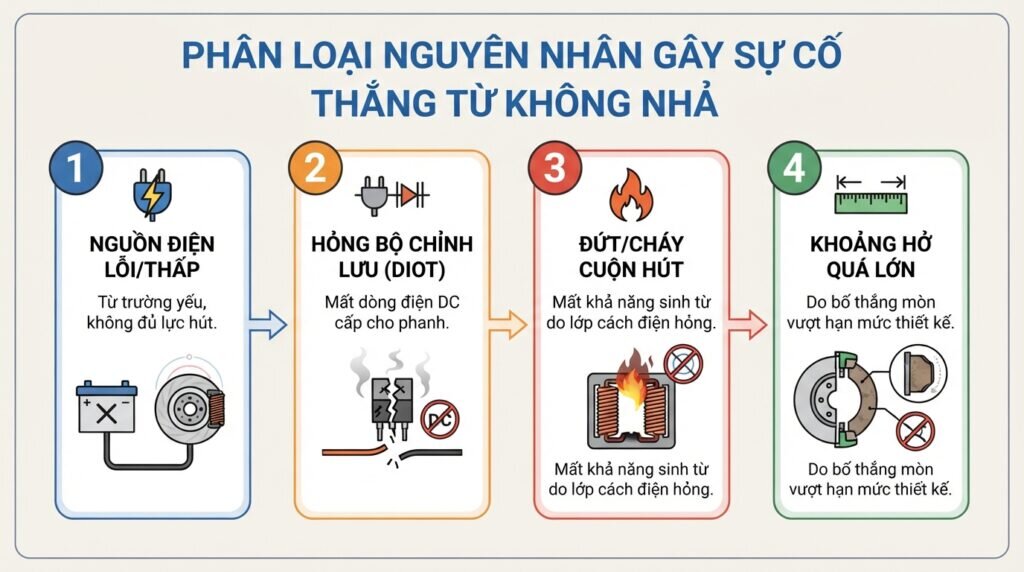 Phân loại nguyên nhân gây sự cố thắng từ không nhả.