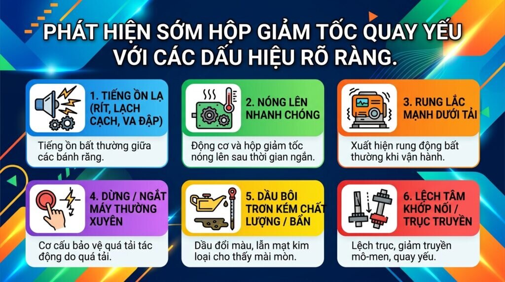 Phát hiện sớm hộp giảm tốc quay yếu với các dấu hiệu rõ ràng.