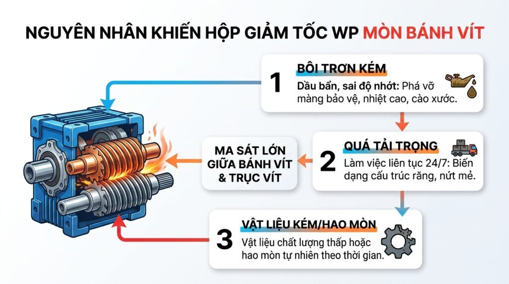 Phơi bày nguyên nhân khiến hộp giảm tốc WP mòn bánh vít.