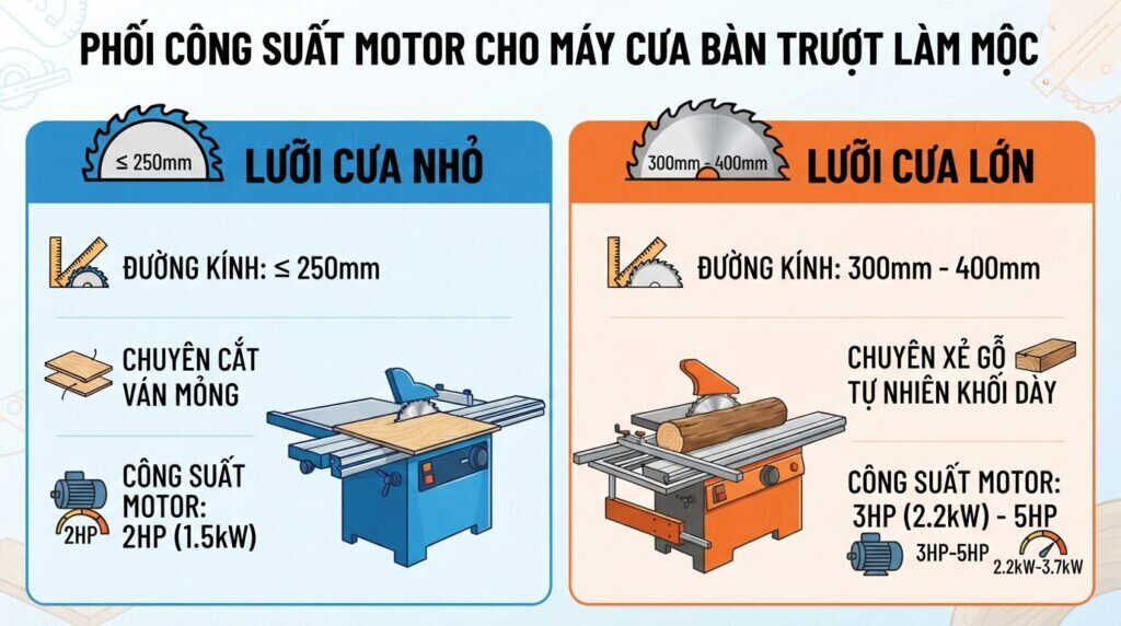 Phối công suất motor cho máy cưa bàn trượt làm mộc.