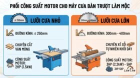 Phối công suất motor cho máy cưa bàn trượt làm mộc.