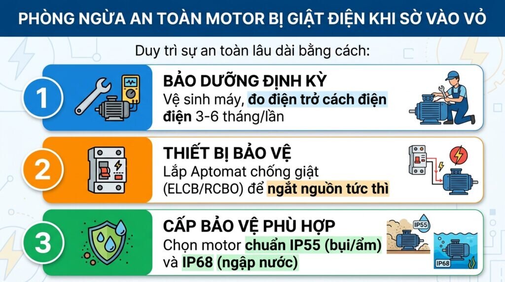 Phòng ngừa an toàn motor bị giật điện khi sờ vào vỏ.
